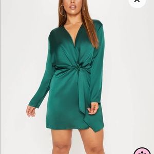 PrettyLittleThing Plus Emerald Green Satin Long Sleeve Wrap Dress